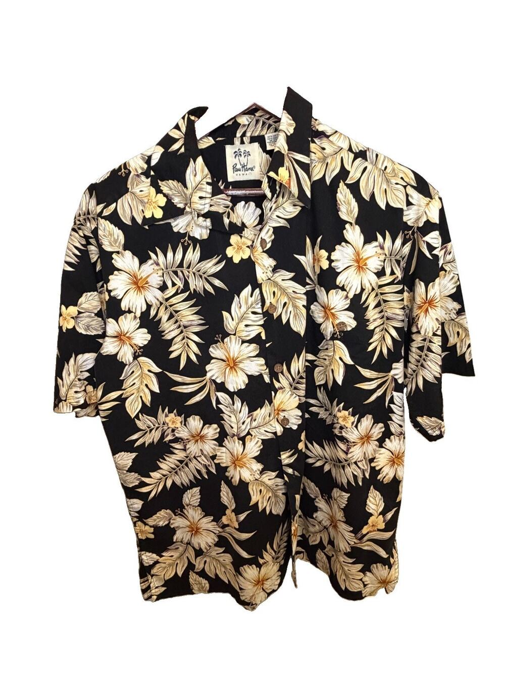 Pau Hana Hawaii Shirt Mens M Black Hibiscus Floral Aloha Cotton Viscose
